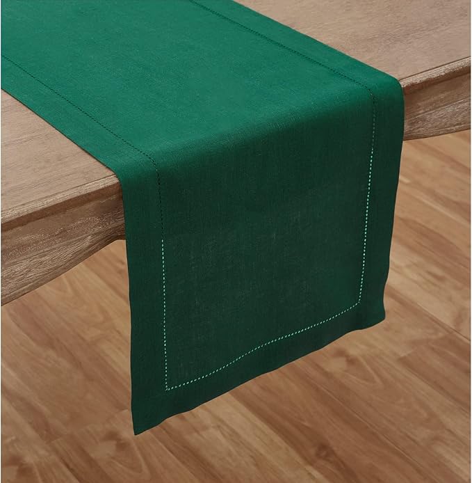Solino Home Linen Rainforest Green Table Runner 72 Inches Long - 100% Pure Linen Hemstitch Table Runner 14 x 72 Inch for Dresser, Dining, Fall, Autumn, Thanksgiving - Classic Hemstitch