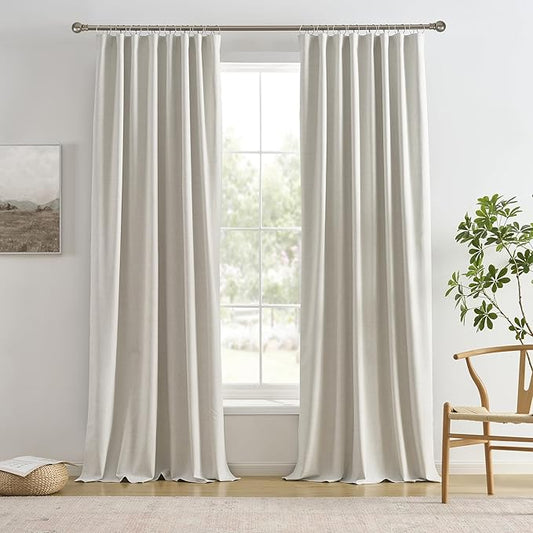 RAIN CITY Natural Birch Linen Blend Blackout Curtains 120 Inch Long 2 Panels, Farmhouse Sound Absorbing Track Curtain for Living Room 10 FT Extra Long Light Blocking Pleated Window Drapes