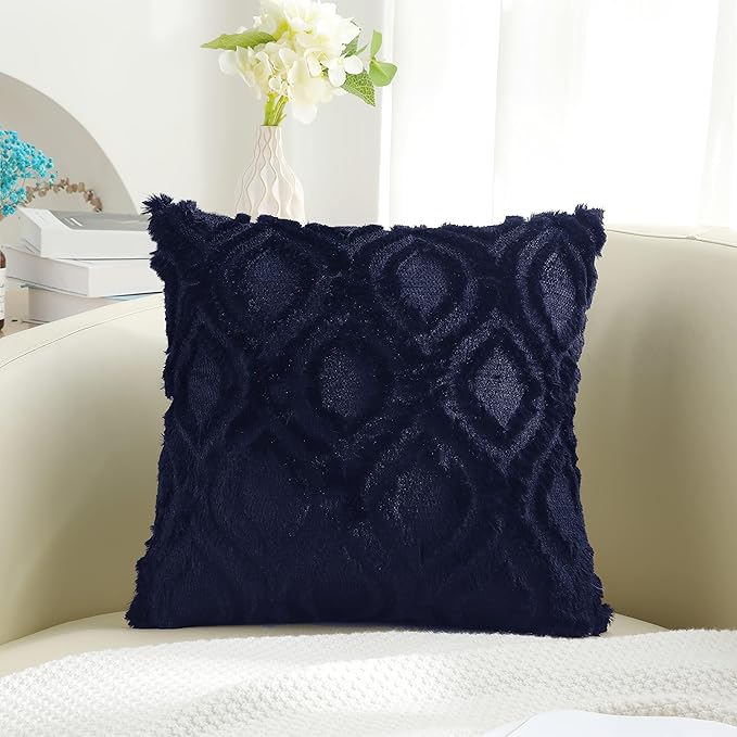 decorUhome Fall Throw Pillow Covers 16x16 Inch Set of 2, Soft Plush Decorative Faux Fur Navy Blue Solid Couch Pillow Covers, Accent Farmhouse Neutral Square Euro Pillow Cases for Sofa Bed Living Room