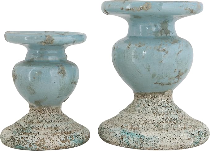 Creative Co-Op Large Distressed Blue Terracotta Pillar Candle Holder