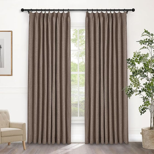 Macochico Light Brown 100% Blackout Linen Curtains 96 Inches Long Pinch Pleated Curtains for Bedroom Living Room Nursery Farmhouse Insulated Sound Reducing Drapery with Tieback 84”Wx96”L 1 Panel