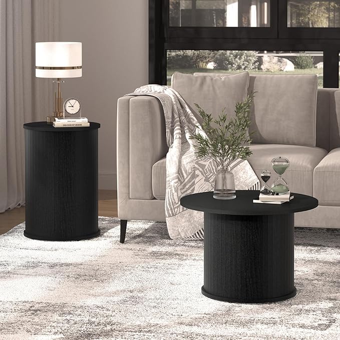 Set of 2 Round Nesting Coffee Tables for Living Room, Fluted Circle Black Wood Coffee and End Table Sets for Apartment, Small Spaces, Bedroom, Modern Style, Easy Assembly & Maintenance