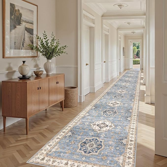 Washable 3x20 Runner Rug - Area Rugs Neutral Vintage Distressed Floral Farmhouse Boho Large Soft Floor Rug Indoor Carpet for Hallway Entryway Home - Blue