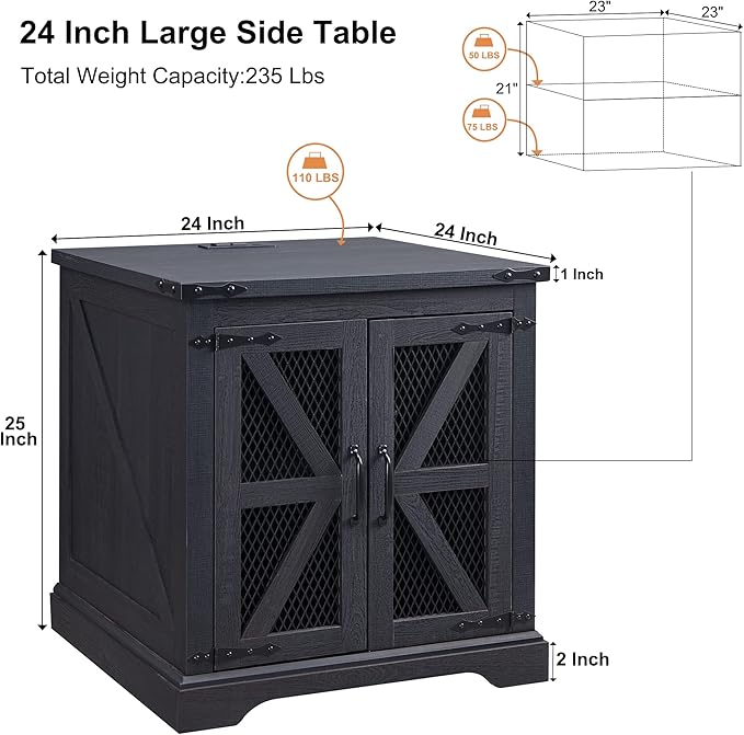 JXQTLINGMU Farmhouse End Table, 24" Large Sofa Side Table with Charging Station, Mesh Barn Door, and Adjustable Storage Shelf, Rustic Wood Square Nightstand for Living Room, Bedroom, Office, Black