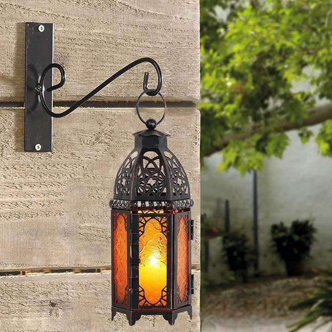 NEEDOMO Set of 2 Moroccan Lanterns Decorative Indoor & Outdoor, Hanging Candle Lantern, 11'' Vintage Candle Holder, Metal Lanterns Decorative, Table, Patio, Porch, Shelf, Gothic Home Decor (Amber)