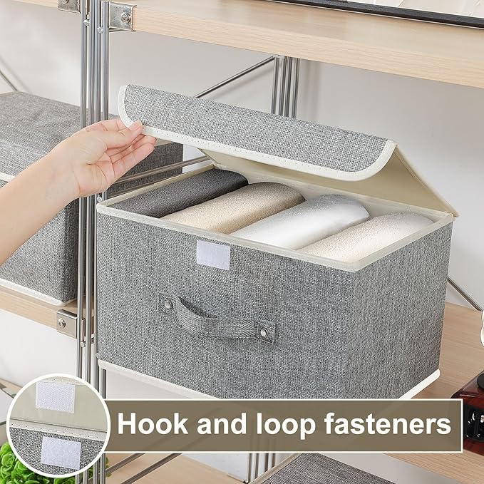 Storage Boxes, Collapsible Storage Bins with Lids, Cotton and linen cloth Storage Baskets with Handle, for Books, Closet, Bedroom, Home, 13x9.1x7.9 in, Grey
