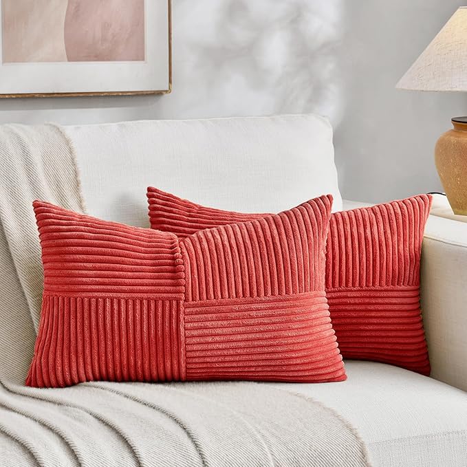 Fancy Homi 2 Packs Red Lumbar Decorative Throw Pillow Covers 12x20 Inch for Living Room Couch Bed Sofa, Holiday Christmas Home Decor Gift, Soft Striped Corduroy Rectangle Accent Cushion Case 30x50 cm