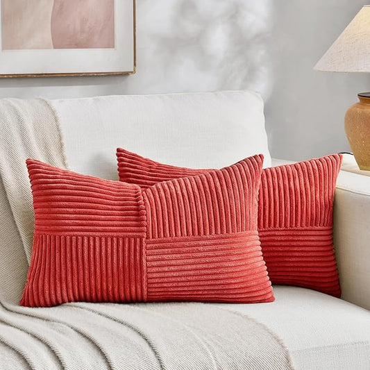 Fancy Homi 2 Packs Red Lumbar Decorative Throw Pillow Covers 12x20 Inch for Living Room Couch Bed Sofa, Holiday Christmas Home Decor Gift, Soft Striped Corduroy Rectangle Accent Cushion Case 30x50 cm