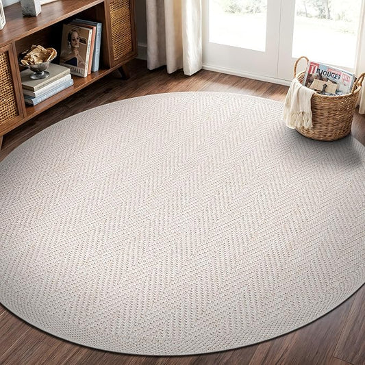 CAMILSON Easy Jute Round Rug 4ft Indoor Outdoor Off-White Color Fiber Area Rugs for Living Room and Patio Rug Herringbone Boho Woven Design Easy-Cleaning Washable Outside Carpet Alfombras (4 Round)