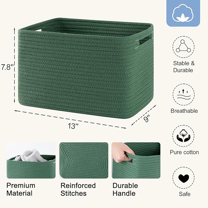 4 Pack Storage Baskets for Organizing, Woven Baskets for Shelves - Perfect for Toys, Books, Towels, and Clothes, Durable Gift Basket Bins Toy Storage, 12.7''L x9''W x7.8''H, Green