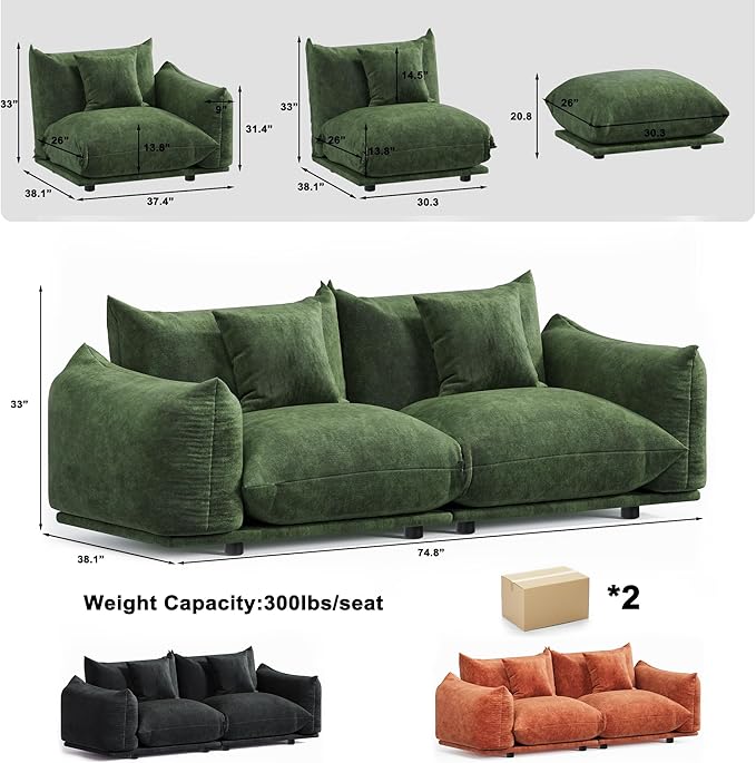 Modern Minimalist Chenille Modular Sectional Sofa, Oversized Couch and Loveseat Set with Thick Cushions, Upholstered Sofa for Small Spaces, Living Room, Bedroom, Office, Apartment(Green,75" Loveseat)