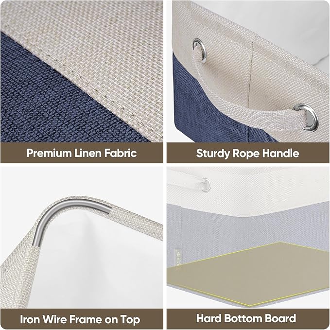 BALEINE 3 Pack Fabric Storage Bins for Shelves, Linen Storage Baskets for Organizing, Decorative Closet Bins for Clothes, Home (Navy Blue, 12"x8"x8")