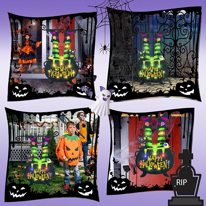 Halloween Lighted Garden Flag for Outside, Witch Feet Shape Flag Yard Decor, 8 Modes 12x18 Double Sided Cauldron Eyeball Black Cat Outdoor Hlloween Decorations for Home Porch（Warm White-12x18）