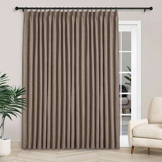 Macochico Extra Wide 100% Blackout Linen Curtains for Sliding Door Pleated Curtains with Hooks Insulated Soft Linen Drapes for Bedroom Living Room with Tieback Light Brown 100”Wx84”L 1 Panel