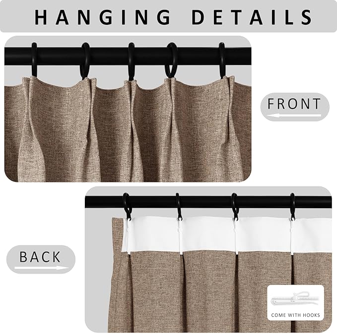 Macochico Pinch Pleated Blackout Curtains 102 Inches Long 100% Blackout Natural Linen Drapes for Bedroom Living Room Windows Farmhouse Burlap Curtains with Tieback 52”Wx102”L Taupe 1 Panel