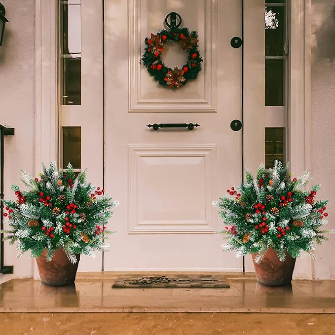 2 Pack Lighted Artificial Christmas Urn Filler, Battery Operated Pre-lit Xmas Pine Trees, Tripod Stake and 60 LED Lights, Holiday Porch Decorations for Porch, Yard, Garden, Flower Beds（Multicolor）