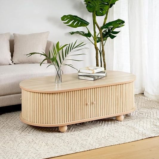 Oval Coffee Table with Storage for Living Room, Retro Charm Wooden Fluted Center Table, 47.24" Modern Classic Accordion Door Coffee Tables Dual Level Storage Side Table for Home,Office-Natural