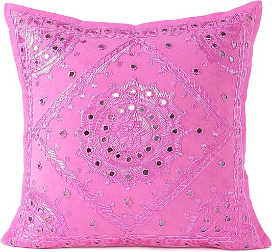 Eyes of India Embroidered Decorative Boho Throw Pillow Cover with Mirrors, Handmade Bohemian Accent Cushion Case for Sofa Couch Bedroom Living Room (Pink, 24" x 24")