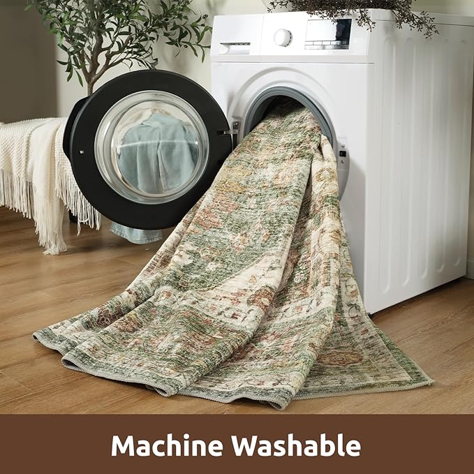 AMOAMI-Area Rug 8X10 Rugs for Living Room-Vintage Soft Green Rugs for Bedroom-Non Slip Carpet-Washable Rug for Dining Room Living Room Bedroom Office Under Table