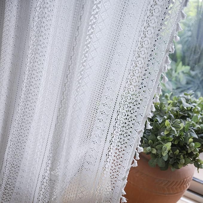Sutuo Home Boho Curtains Crochet Lace Sheer Bohemian Stylish with Tassels, Window Treatment Privacy Vintage Rustic Farmhouse Drapes for Bedroom, Rod Pocket 1 Panel 59" W x 102" L, White