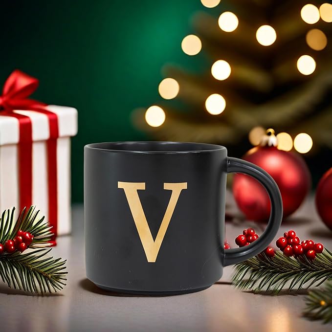 COLLECTIVE HOME - Monogram Ceramic Mugs, 15 oz Golden Initial Black Coffee Cups, Elegant Alphabet Tea Mugs, Elegant Personalized Mug with Gift Box, Unique Mug with Double Side Capital Lette (V)