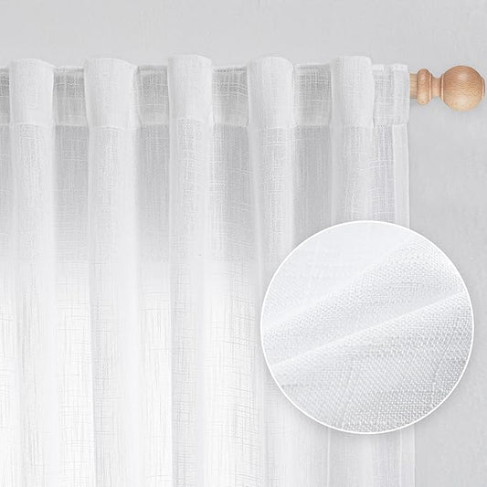 MYSKY HOME White Curtains for Living Room, Semi Sheer Curtains & Drapes Light Filtering Farmhouse Country Boho Style Back Tab Draperies for Sliding Glass Door (Customsize, Pure White)