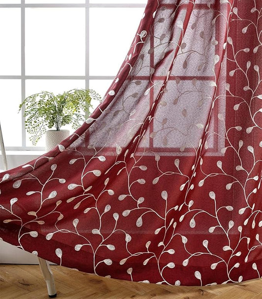 MIUCO Floral Embroidered Semi Sheer Curtains Faux Linen Grommet Window Curtains for Bedrooom 52 x 84 Inch 2 Panels, Burgundy