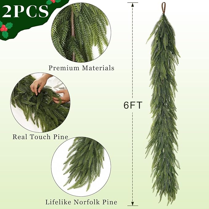 6FT Christmas Norfolk Pine Garland -2PCS, Artificial Pine Needles Garlands Faux Greenery Fake Garland for Holiday Fireplace,Table,Window,Stairs,Mante,Indoor Outdoor Decor