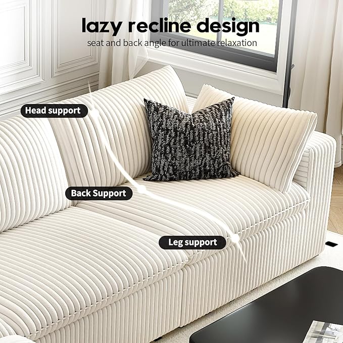 LoveSeat Cloud Couch Modular Sectional Sofa for Living Room,Modern Sofa with Deep Seat，2 Seater Boneless Couch,Comfy Upholstered Corduroy Couches for Apartment, Studio, Office,Bedroom，White