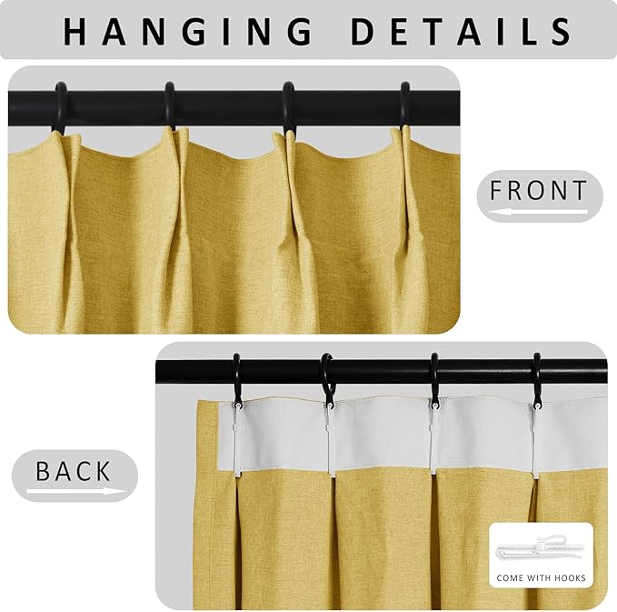 Macochico Pinch Pleated 100% Blackout Curtains Yellow Linen Curtains for Bedroom Living Room Farmhouse Thermal Insulated Window Panels Pleated Curtains with Hooks and Tieback 52”Wx72”L 1 Panel