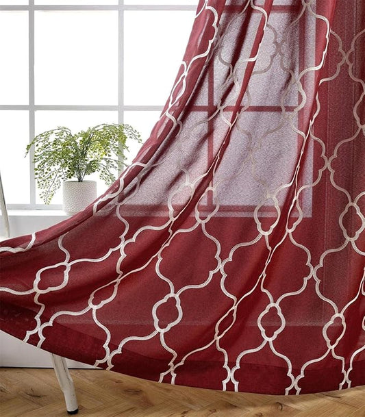 MIUCO Moroccan Embroidered Semi Sheer Curtains Faux Linen Grommet Window Curtains for Bedrooom 52 x 84 Inch 2 Panels, Burgundy