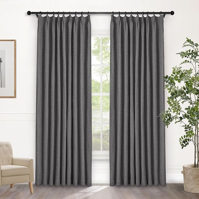 Macochico 52”Wx96”L 100% Blackout Curtains for Bedroom Living Room Nursery Natural Grey Pinch Pleated Linen Curtains Farmhouse Burlap Drapes Thermal Window Panels with Hooks and Tieback 1 Panel