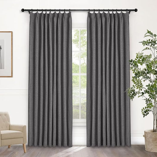 Macochico 52”Wx96”L 100% Blackout Curtains for Bedroom Living Room Nursery Natural Grey Pinch Pleated Linen Curtains Farmhouse Burlap Drapes Thermal Window Panels with Hooks and Tieback 1 Panel