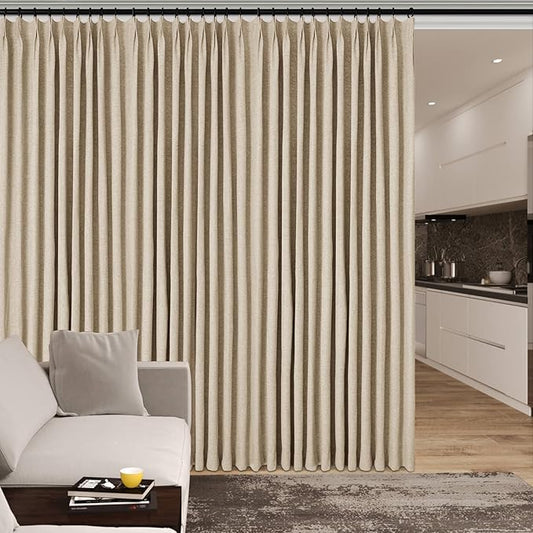 100% Blackout Linen Textured Drapes for Bedroom Pinch Pleated Curtains for Track System Portable Drapery for Sliding Glass Door/Storage/Space Room Divider, 70" Wx102 L, 1 PC, Sand Beige