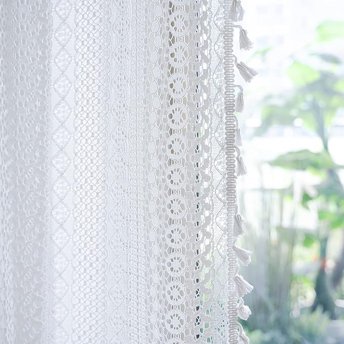 Sutuo Home Boho Sheer Curtain Valance Tier Crochet Lace with Bohemian Hollow Knitted Handmade Tassels, Short Farmhouse Window Treatment for Kitchen Cafe, Rod Pocket, 1 Panel 59" W x 36" L, White