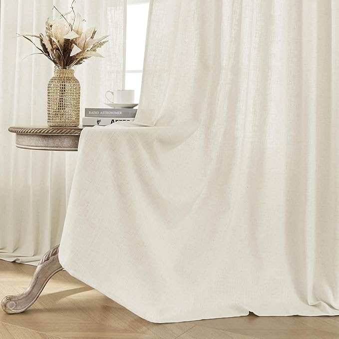Joydeco Linen Curtains 2 Panel Set - Light Filtering, Ivory on Linen, 96 Inch for Living Room, Cream Drapes With Rod Pocket Back Tab (96" L x 37" W)