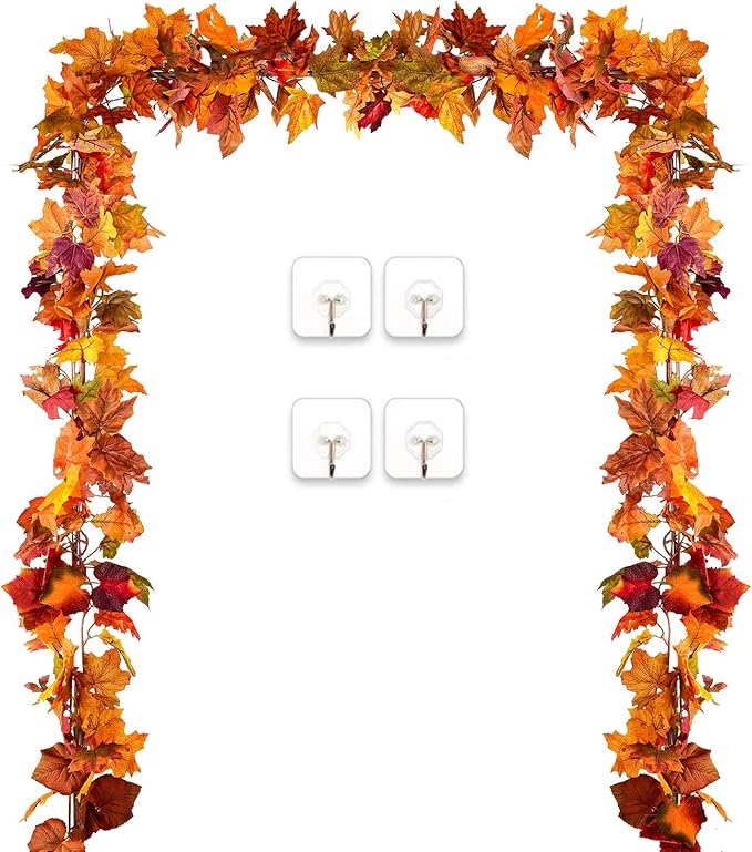 DearHouse 2 Pack Fall Garland Maple Leaf, 5.9Ft/Piece Hanging Vine Garland Artificial Autumn Foliage Garland Thanksgiving Decor for Home Wedding Fireplace Party Christmas (Orange)