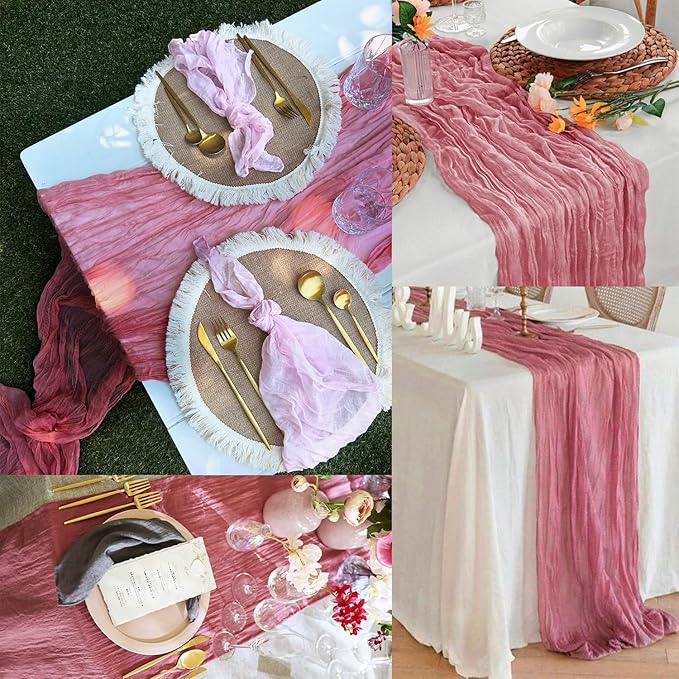6 Pack Dusty Rose 10FT Cheesecloth Table Runner 20 x 120 Inch Long Rustic Gauze Fabric Cheese Cloth Table Runner for Wedding Bridal Baby Shower Table Decorations Boho Sheer Birthday Party Table Decor