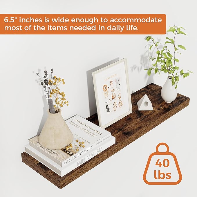 Fun Memories Floating Shelves for Wall, 24" Rustic Wood Deep Wall Mounted Shelves with Invisible Brackets for Decor & Storage, Floating Shelf for Living Room, Bathroom (Rustic Brown, Set of 2)
