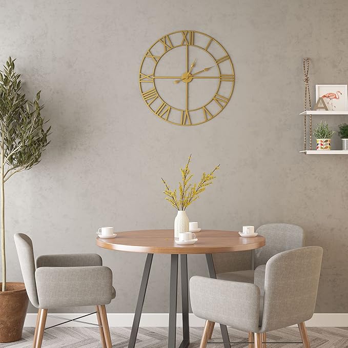 LEIKE Large Modern Wall Clocks,24" Gold Metal,Rustic,Round,Silent Non Ticking,Battery Operated Roman Numerals Clock for Living Room/Bedroom/Kitchen Wall Decor-(Gold, 60cm)