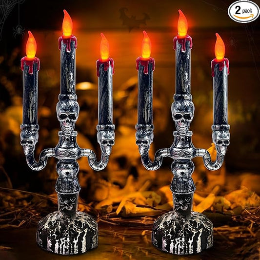 TURNMEON 2 PCS Skull Halloween Candles Lamp,Halloween Decorations Indoor 3-Candles Candelabra LED Lights Battery Operated Candles Holder, Halloween Decor for Home Table Party Room Scary Haunted House