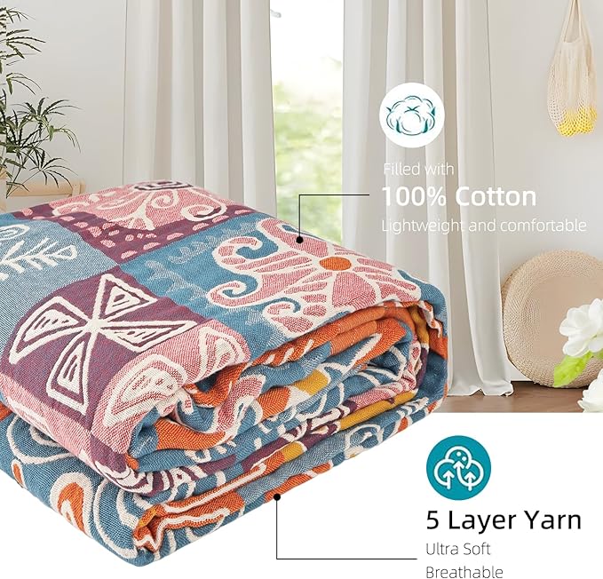 Boho Throw Blanket for Bed - 100% Pure Cotton Ultra Soft Rustic Quilt - Farmhouse Decor Bed Blankets, All Season Rustic Throw for Sofa Couch Chair(80''x 90'', Art Squares)