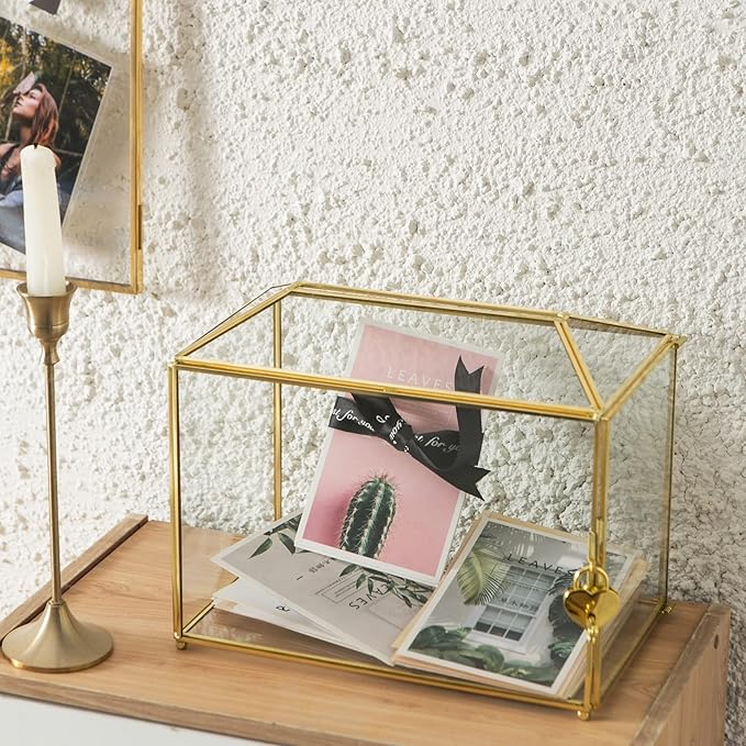 Glass Wedding Card Box with Slot, Large Clear Card Box 10.2 inch Gold Brass Gift Card Storage Box with Lock for Wedding Receptions, Baby Shower, Birthday Party, Bridal Shower