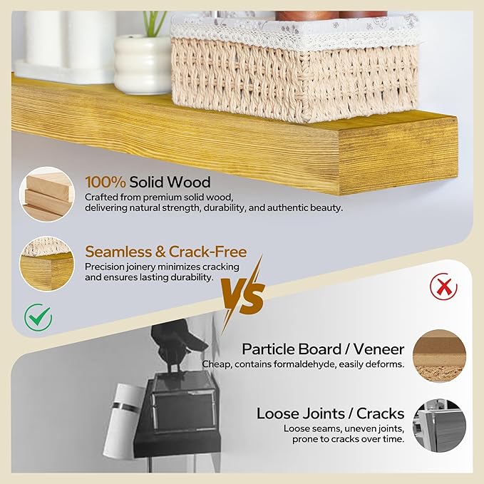 Floating Shelves 3 inch Thick for Wall Set of 2,Solid Pine Wood Wall Mount Shelf for Kitchen Living Room Bedroom Bathroom,8" D x 36" L x 3" H-Gold Oak