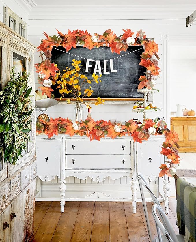 DearHouse 6ft Pumpkin Fall Maple Leaves Garland - Artificial Autumn Foliage Hanging Vine for Thanksgiving, Home, Wedding, Fireplace, Party, Christmas Decor (Orange & Brown)
