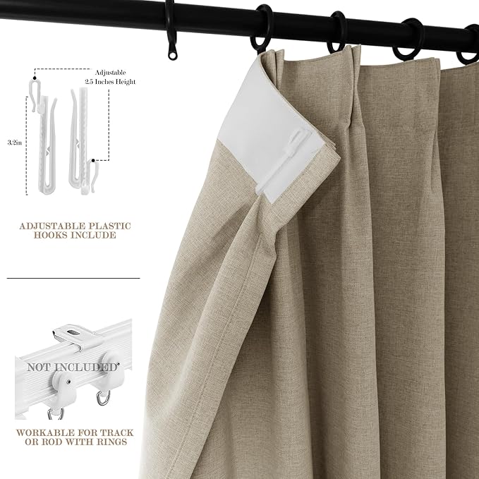 100" W x 96" L Faux Linen Room Divider Curtains, Full Blackout Pinch Pleated Drapes for Traverse Rod, Bedroom Divider Privacy Drapery with Hooks for Ceiling Track, 1 Panel, Light Khaki