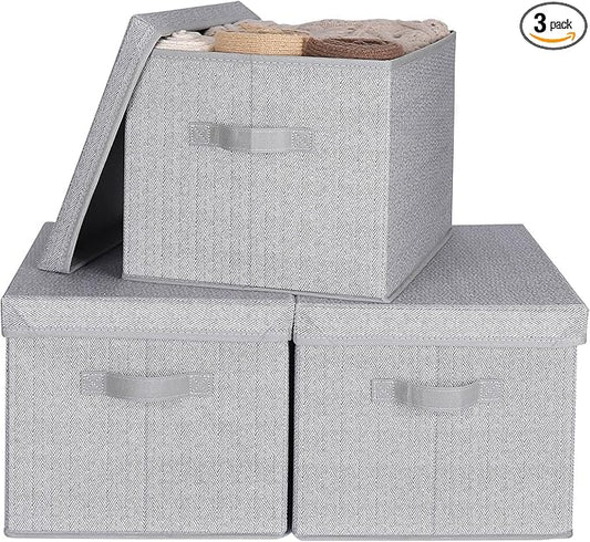 WUIKE 3 Pack Extra Large Foldable Storage Bins with Lids, Fabric Storage Bins for Home and Closet Organization, Herringbone Gray