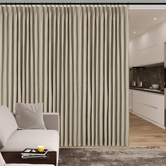 100" W x 84" L Faux Linen Room Divider Curtains, Full Blackout Pinch Pleated Drapes for Traverse Rod, Bedroom Divider Privacy Drapery with Hooks for Ceiling Track, 1 Panel, Light Khaki