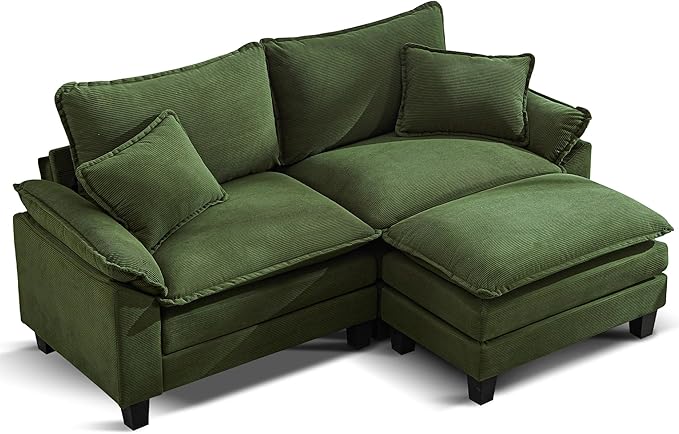 URRED Modular Sectional Sofa Comfy Cloud Couch, Modern Corduroy Sofa Sleeper Deep Seat Couches with Ottoman/Pillows for Living Room (Green, 82.6''- L Shape)