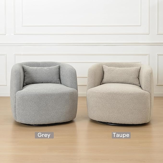 KINWELL 34" Wide Sherpa Swivel Barrel Chair, No Assembly Round Boucle Upholstered Accent Chair Armchair Single Sofa Chair with Toss Pillow for Living Room and Bedroom, Gray